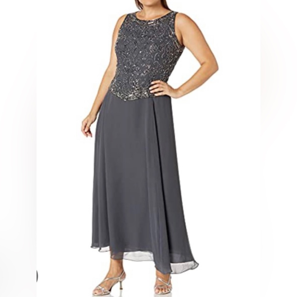 J Kara Beaded V-Trim Sleeveless Formal Dress Grey/mercury Sz#10P NWT